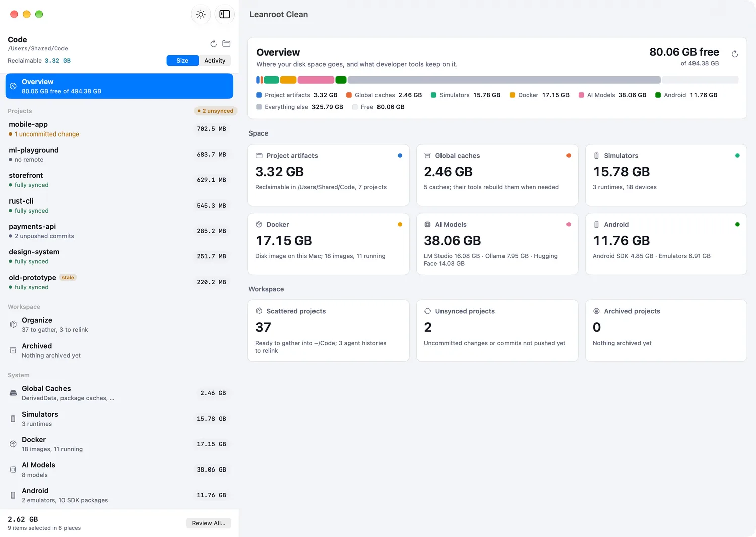 The Leanroot Clean overview: where disk space goes, from project leftovers to simulators, Docker and AI models.
