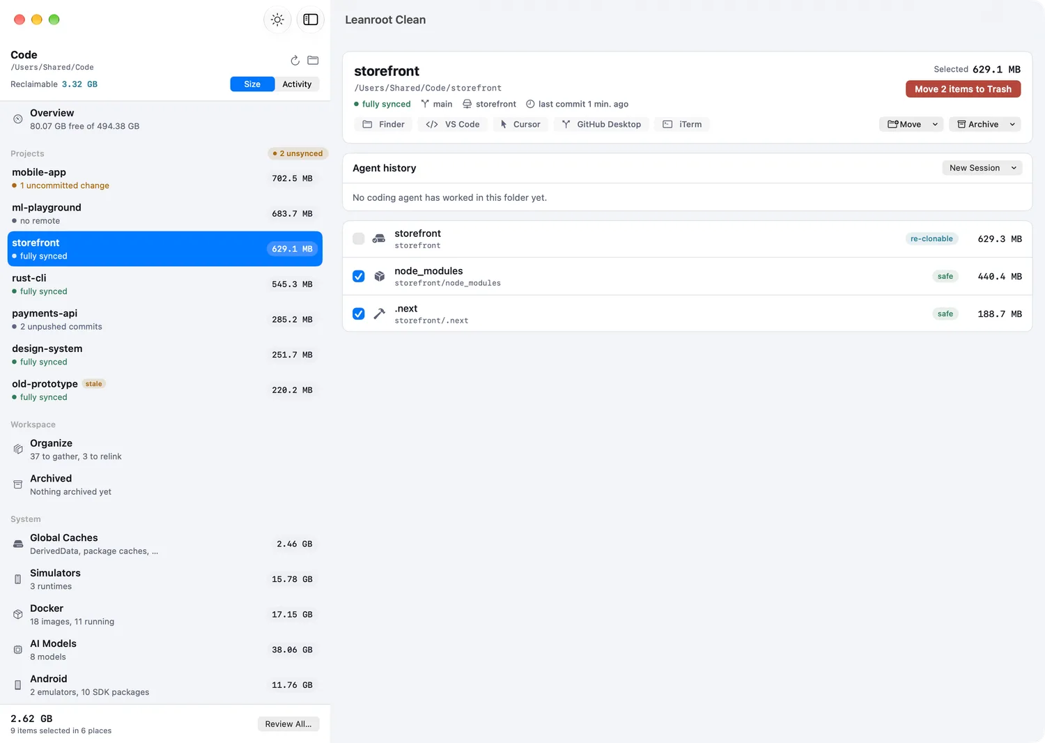 Leanroot Clean with the project storefront selected: its node_modules and .next folders are selected for the Trash, and the whole project is offered because everything is pushed.