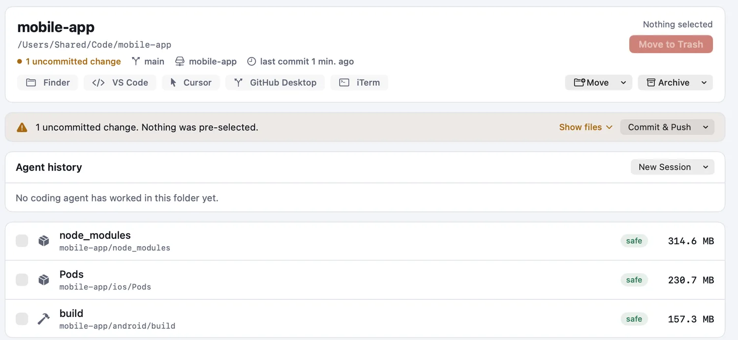 A project with one uncommitted change: Leanroot Clean says nothing was pre-selected and offers to commit and push first.